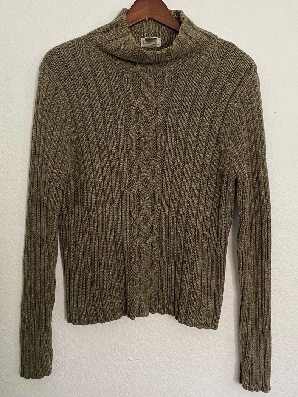 L.L.Bean Small Fisherman Cable Knit Sweater 100% Cotton Olive Green Mock Neck